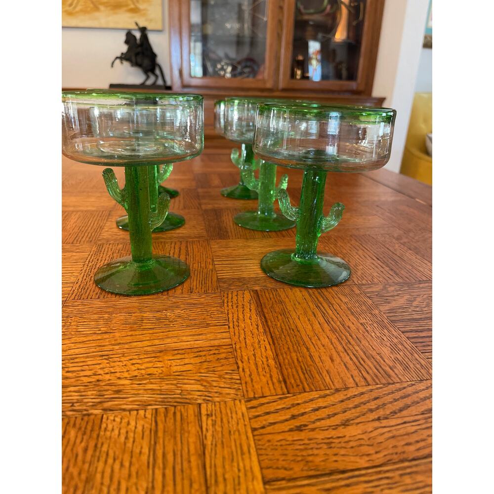 Handblown Mexican Margarita Glasses Green Cactus Stem Recycled Bubble Glass (6)